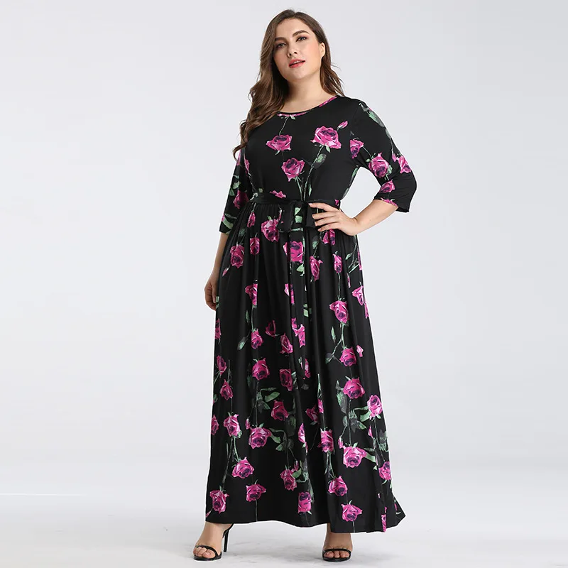 Женский офисный костюм большого размера длинное черное платье с розами размеры L