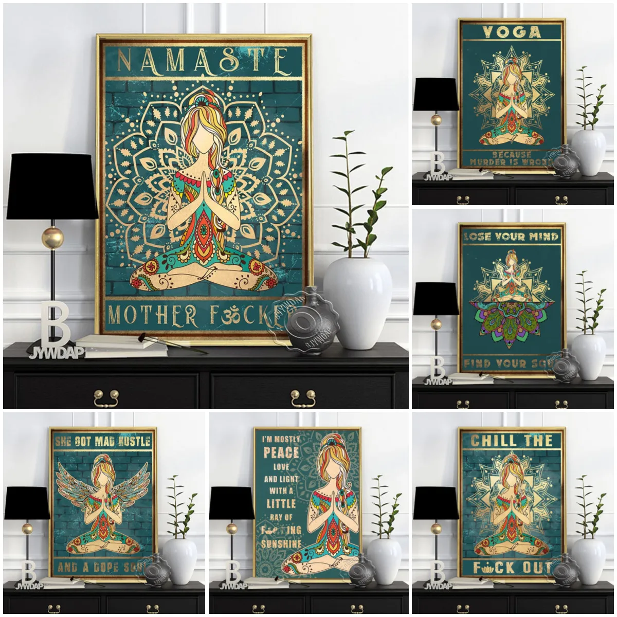 

Nordic Style Meditation Relaxed Wall Art Picture, Yoga Blue Green Retro Art Poster, Namaste Yoga Gym Home Living Room Decor Gift