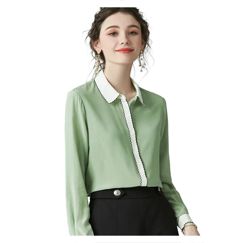 

Lapel Contrasting Color Silk Shirt Embroidered Edge Long Sleeve Silk Top 2020 Fashion New Style