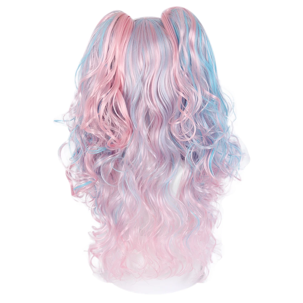 

Lolita Party Light Blue Mix Pink Heat Resistant 70CM Long Curly Hair Halloween Synthetic Women Cosplay Wig + 55CM Ponytails