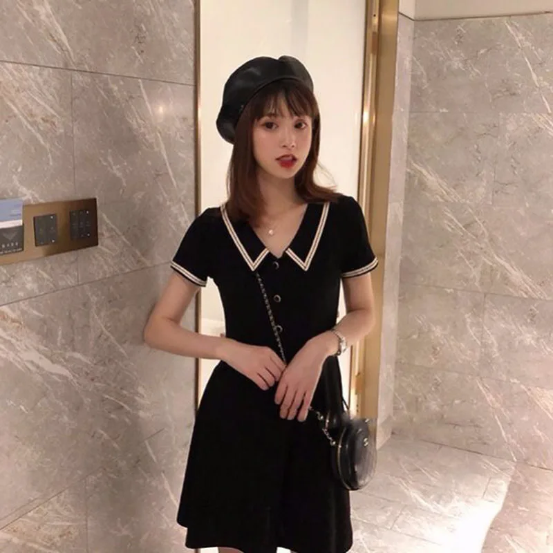 

Summer Koean Plus Size Sexy Mini Party Dress Women Buttom Short Sleeve Slim Vestido de Mujer Black Students Shirt Dresses XXXL