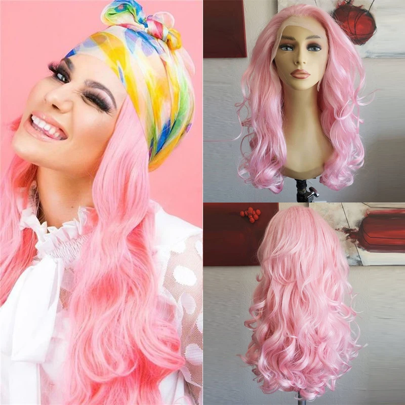 

AIMEYA Fashion Pink Long Body Wave Wig Free Part Synthetic Lace Front Wigs for Women Pre Plucked Natural Hairline Wig Daily Use