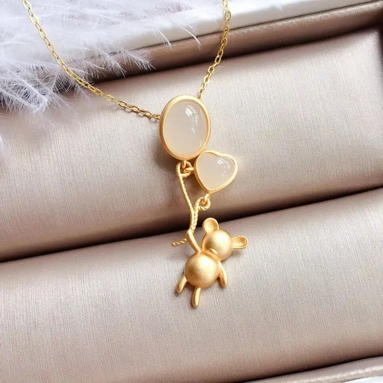 

Natural Hetian White Jade Jasper 925 Sterling Silver Inlaid Clavicle Chain Love Balloon Bear Pendant Q Cutie Cute Simple