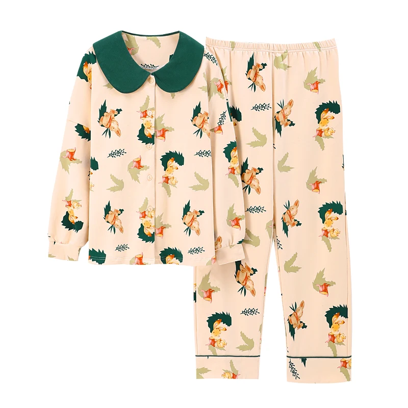 

Spring Pajama Set Plus Size XXXL Cotton Pyjamas Women Sleepwear Cartoon Lapel Col Claudine Winter Pajamas Loose Version