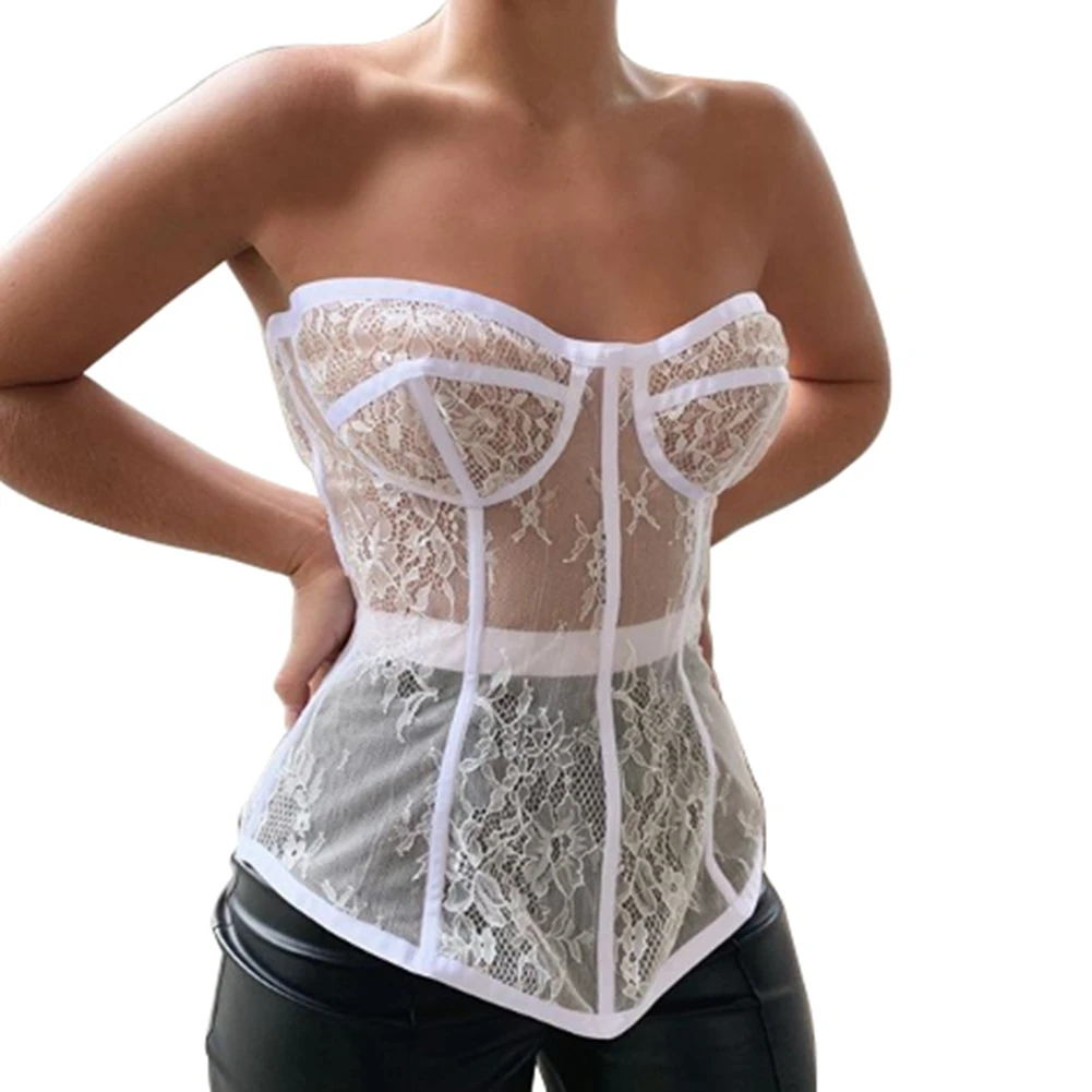 Женский кружевной сетчатый Топ без бретелек облегающий корсет с эффектом пуш ап