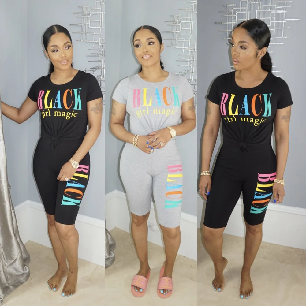 

Wholesale streetwear women 2 piece sets letter print short sleeve cotton t shirt tops and shorts casual sports fitnss outfits