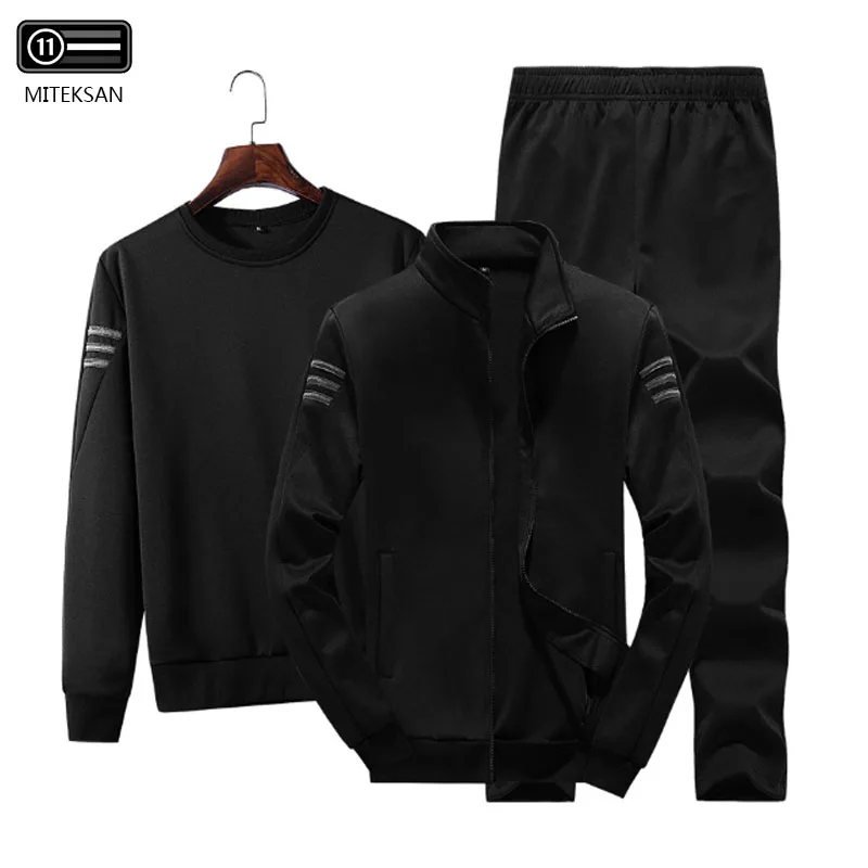 Black 3 шт. мужской модный спортивный топ с длинными рукавами, мужская повседневная толстовка+ Флисовая теплая куртка+ штаны для бега, однотонный хлопковый спортивный костюм, Большой размер 4XL - Цвет: Black