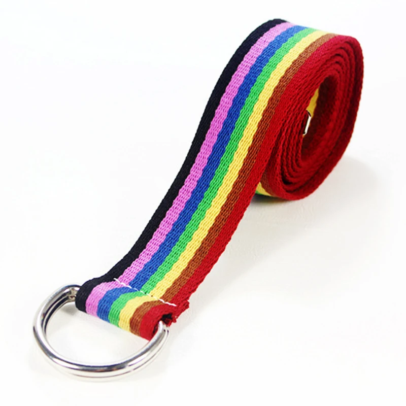 130 см двойное кольцо модный холщовый поясной ремень Радужный Цвет Полосатый