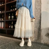 qiukichonson long tulle midi skirts womens 2021 lolita summer mesh skirt japanese style high waisted ruched ruffle skirts rok