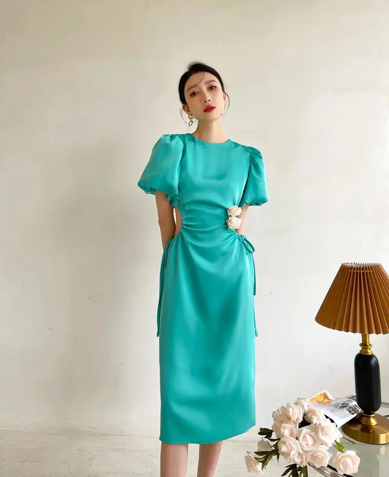 

Summer Vintage Women's Green Midi Dress Lady Puff Sleeve Waistless Sexy Strappy Dress 2021 Bodycon Vestidos