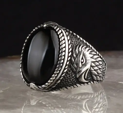 

Silver 925k Mens Ring,Handmade Mens Ring,Natural Onyx Stone,Eagle Pattern, jewelry Gift For Mens