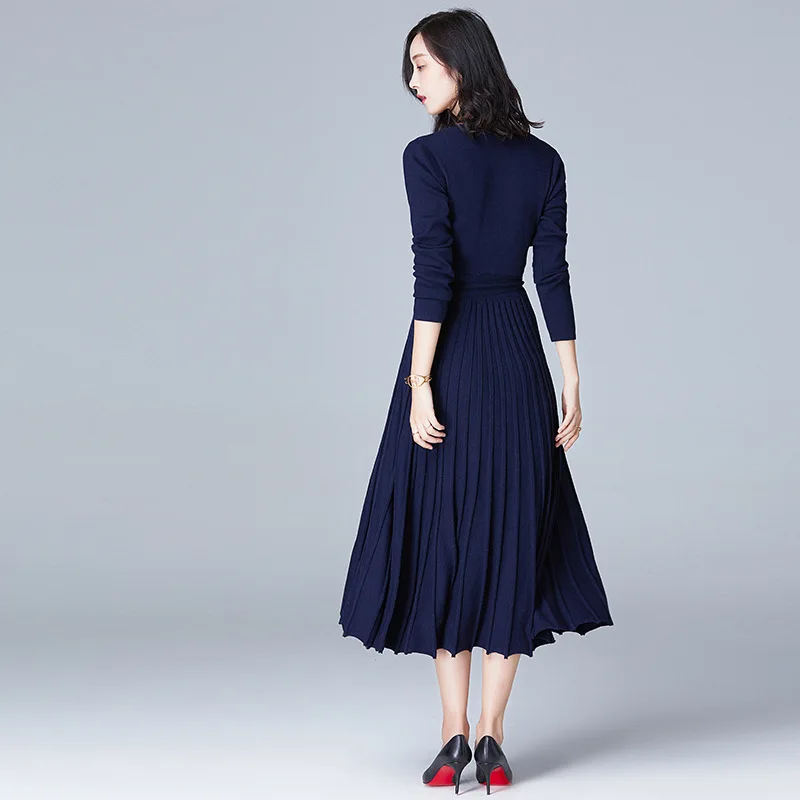 Осенне весенние Стильные женские вязаные платья сужающаяся к талии платье с v