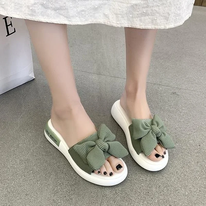 

2021 Woman Shoes The New Round Head Comfortable Fashion Summer Butterfly-Knot Med Flat Shoes Female Slippers Platform Shoes