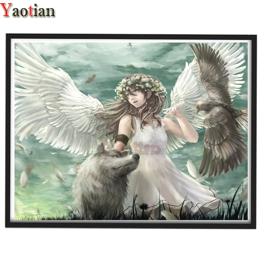 

Полностью круглая Алмазная мозаика, вышивка, ангел, девочка/Волк/сова 5D, алмазная живопись «сделай сам», инкрустированная картина в подарок,...