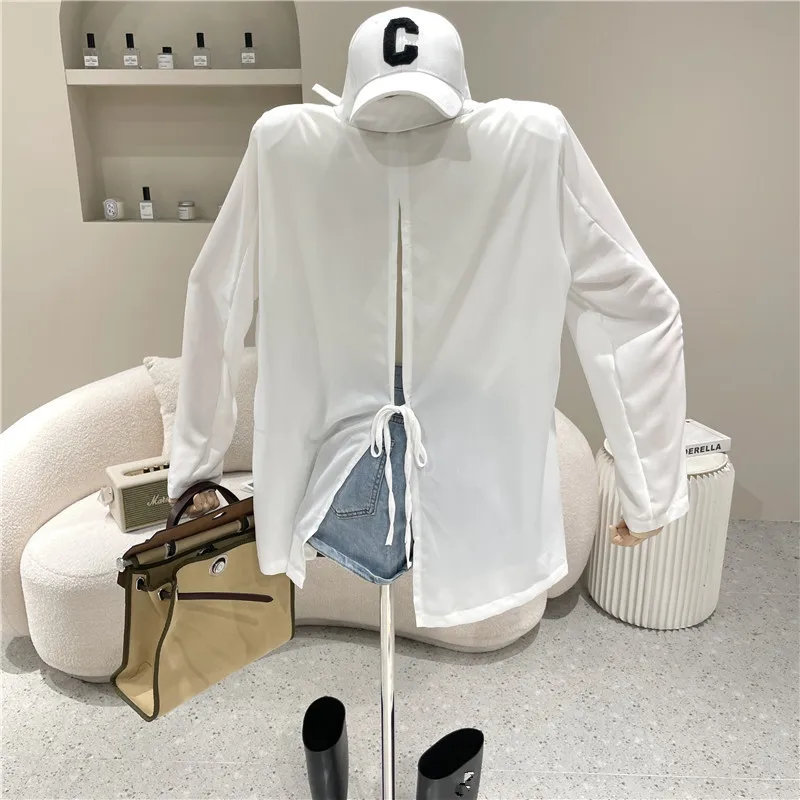 

Niche Design New Women's Clothing Summer 2021 Fashion Thin Split White Suit Coat Lace Up Long Sleeve Loose Sunscreen Shirt