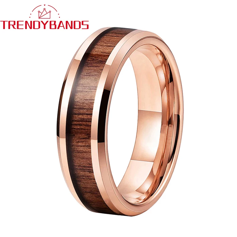 

Women Men Tungsten Rings Wedding Band 6mm Rose Gold Beveled Edges Polished Shiny Comfort Fit