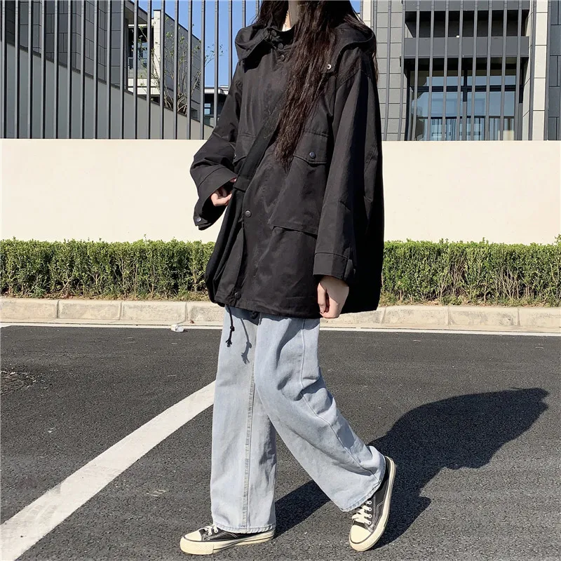 

Vintage Harajuku Black Tooling Women Jacket Coats 2020 Autumn Winter Pocket Loose Hoodies Preppy Oversize Ladies Coats Outerwear