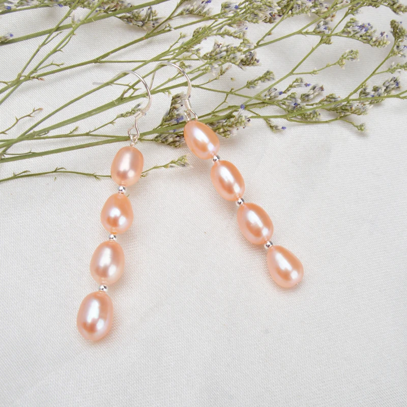 Женские длинные серьги капельки из серебра 925 пробы с натуральным пресноводным