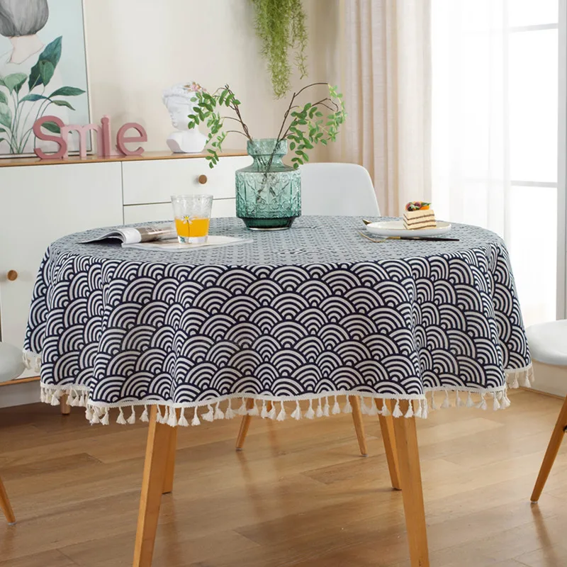 

Tablecloth Fabric Cotton Linen Washable Table Cloth Wave Stripe Assel Round Table Cover for Coffee Table Home and Kitchen