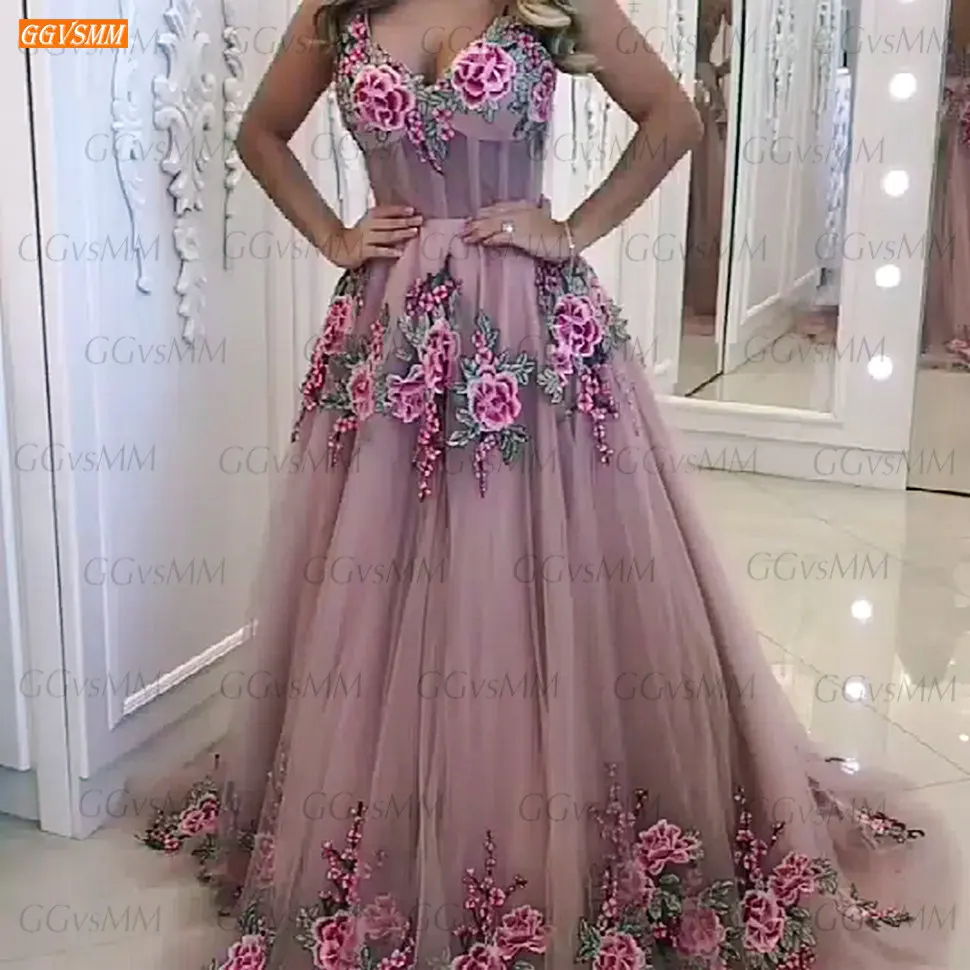 

Boho Pink Prom Gowns Long Lace Appliqued Tulle A Line Prom Dresses 2021 Custom Made Vestidos De Fiesta Largos Elegantes De Gala