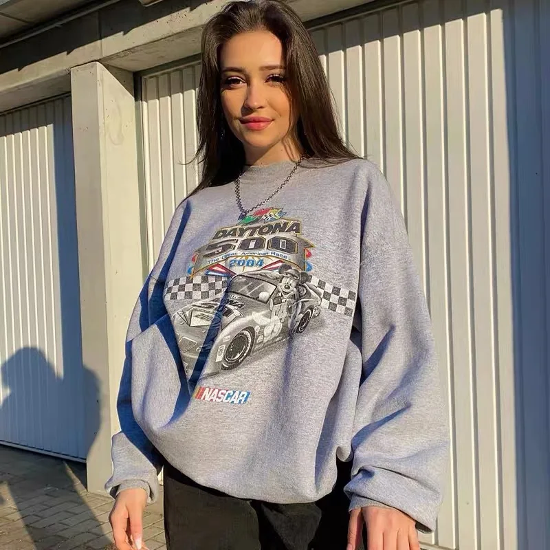 

Hillbilly Racing Car Printed Vintage 80s 90s Women Sweatshirts Gray Loose Pullover Streetwear Crewneck Autumn Thick Y2K Jumper