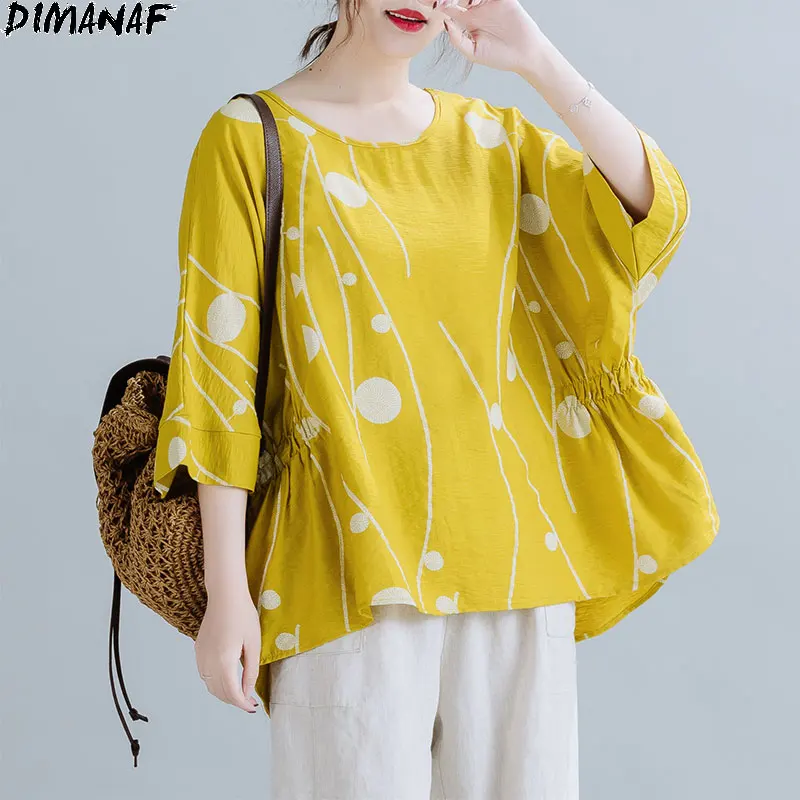 Женская льняная футболка в горошек DIMANAF свободный хлопковый топ стиле пэчворк с