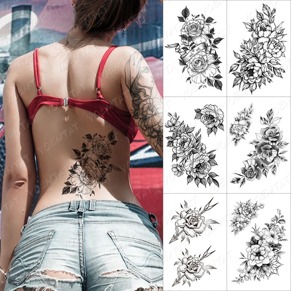 

Old School Rose Temporary Tattoo Sticker For Men Women Adult Flower Peony Waterproof Fake Henna Minimalist Lines Body Art Tatoo
