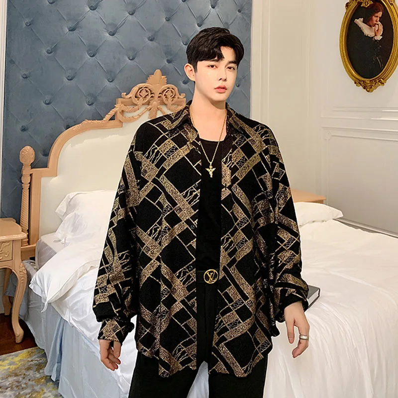 Рубашка мужская с длинным рукавом Свободный кардиган золотым узором деловая