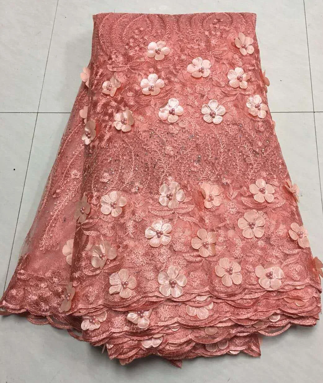 

African Lace Fabric 2019 High Quality 3D Lace Onion Color French Tulle Lace Fabrics with Beaded for African Parties ZA35-3