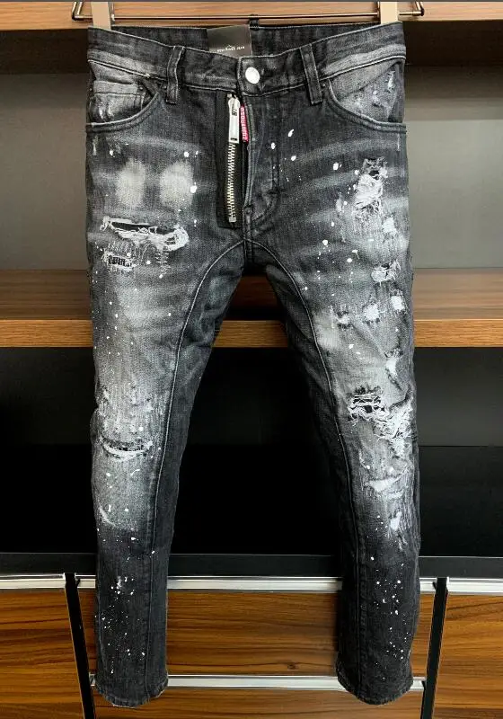 

Оригинальные аутентичные классические мужские джинсы dsquared2 скинни с рваными дырками строченные черные нищие брюки одежда