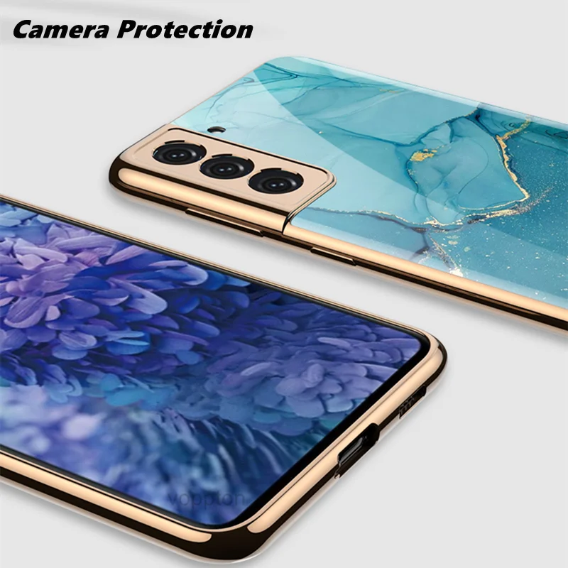For Samsung Galaxy S22 Plus S21 Ultra Case Plating Tempered Glass Soft TPU Bumper Cover For Samsung Galaxy S22 Ultra S21 FE