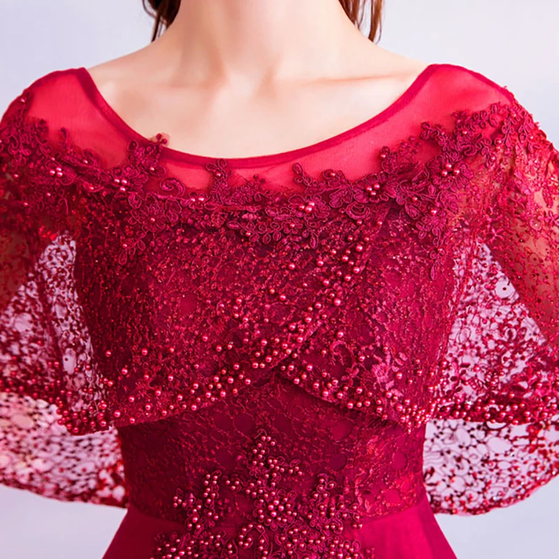 

Red Luxury Evening Dress Illusion O-Neck Tulle Beading Ruffles Floor-Length Embroidery A-Line Elegant Lady Formal Dresses TS148