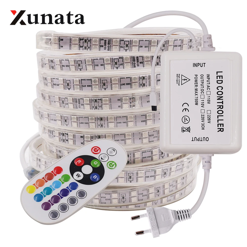 

5050 RGB LED Strip Light AC 220V IP67 Waterproof Led Tape Rope Light Double Row 120LEDs/m For Home Decoration with 24Key Remote