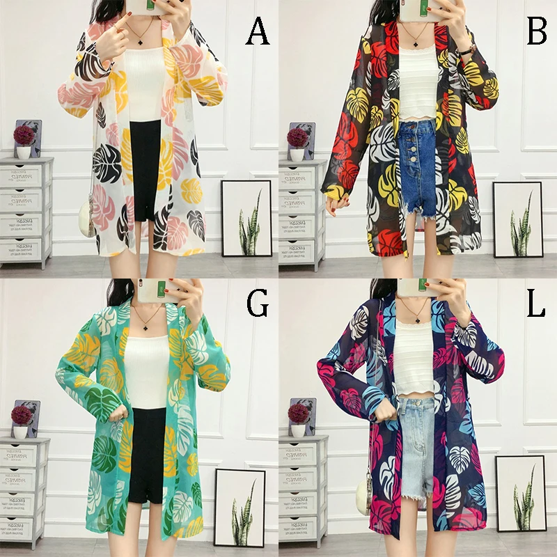 

Colored Leaves Print Shirt Chiffon Shirts Seaside Beach Wear Thin Coat Outer Shawl Coat For Women Long Cardigan