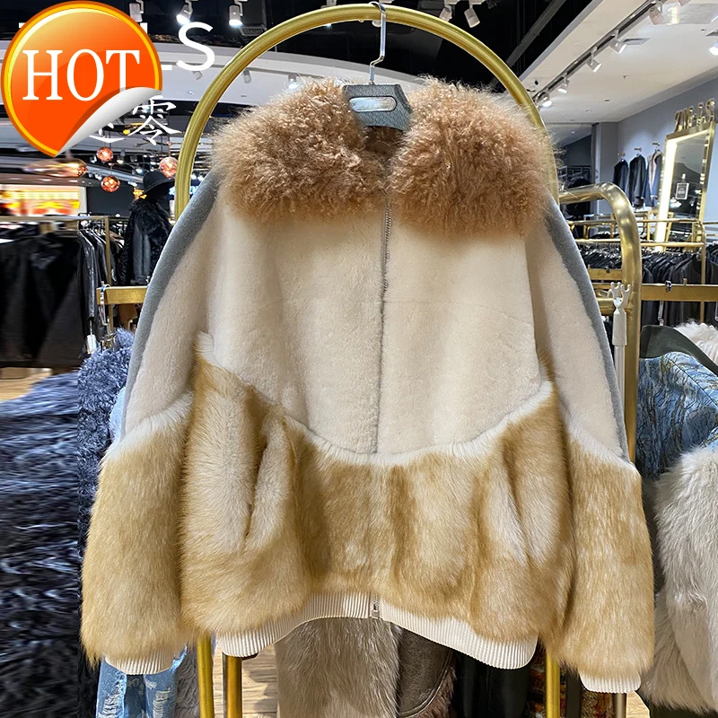 

2021new women's fur one Merino winter short straight collar coat
