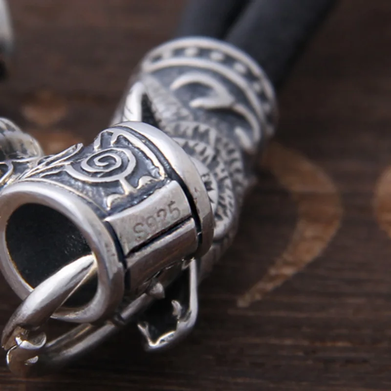 S925 стерлингового серебра Викинг-волк головы с thor's Молот Мьёльнир Кулон кожаный мужской ожерелье как рождественский подарок