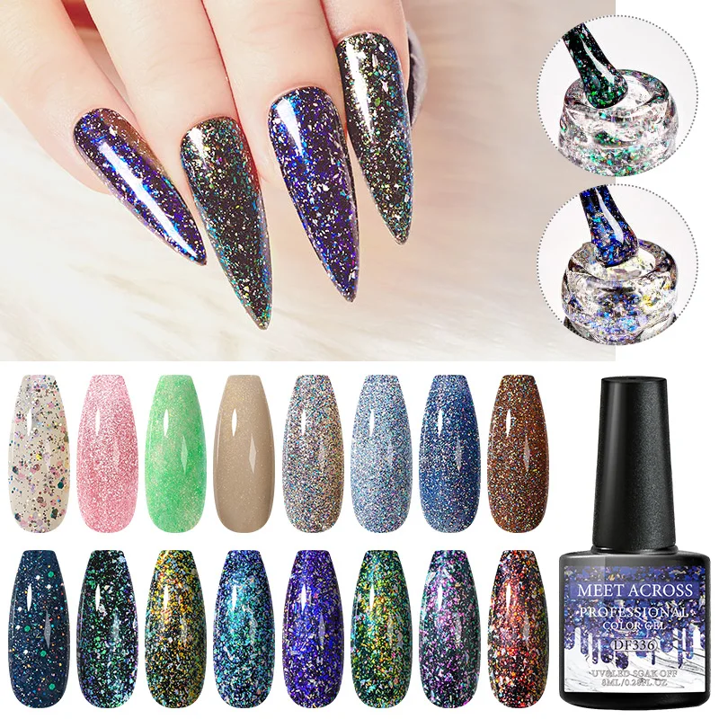 

MEET ACROSS 7ml Glitter Sequins Nail Gel Polish Colorful Semi Permanent Hybrid Varnish Purple Gold Soak Off UV LED Nail Art Gel