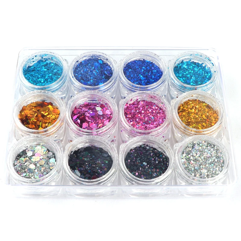 

12 box/set Holographic Mix Laser Hexagon Shape Sparkly Nail Art DIY Tips nails accessories for nails design Nail Art Decoration