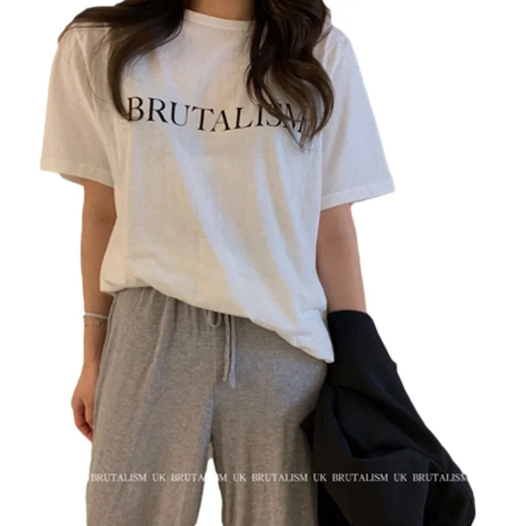 

2021 New O Neck Print Letter Oversized T-shirt Harajuku Loose Top Black and White Short Sleeve T Shirt Summer Women's Clothes