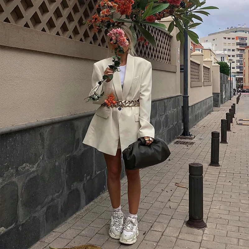 

Y2K With Chain Belt Blazer Long Sleeve Jacket Women Loose Coat 2021 Fall Winter Streetwear Oversize Fashion Clothes