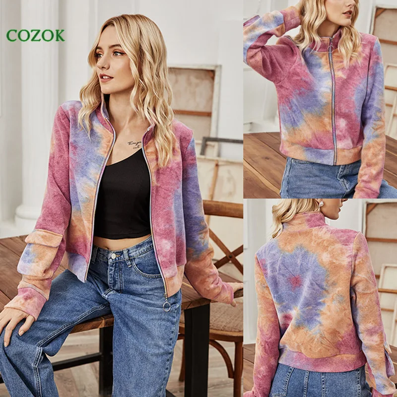

Autumn joker Turtleneck Cardigan Women's High Quality Casual Fashion Colored Zipper All-match Loose Tie-Dye Jacket Woman Parkas