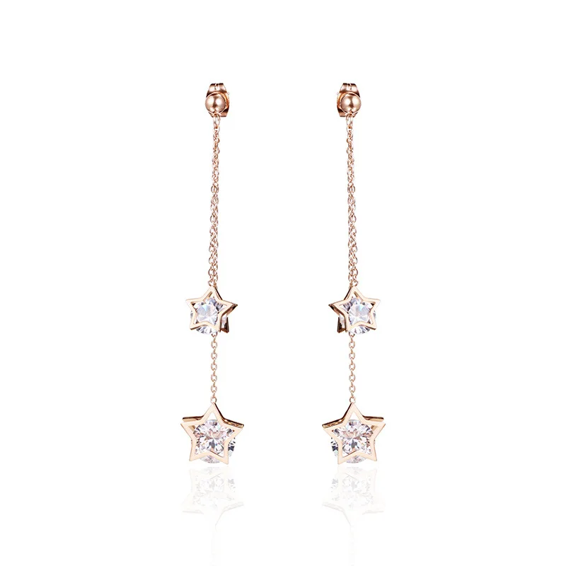 Розовое золото пентаграмма кисточкой серьги с цирконием для женщин нержавеющая
