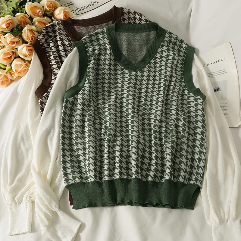 

Retro contrast stitching fake two-piece sweater women's autumn 2021 loose houndstooth long-sleeved top oversized sweater
