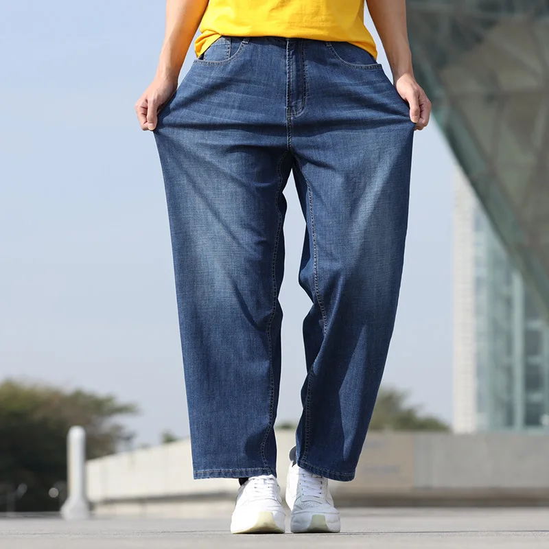 Summer Thin Section Breathable Size Mens Jeans Harem Hip Hop Denim Trousers Streetwear Blue Loose Fashion Wide Leg Daddy Pants