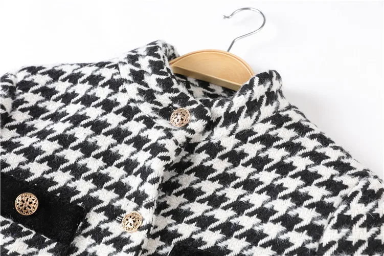 Ретро Женская твидовая куртка в ломаную клетку 2019 зимнее однобортное твидовое