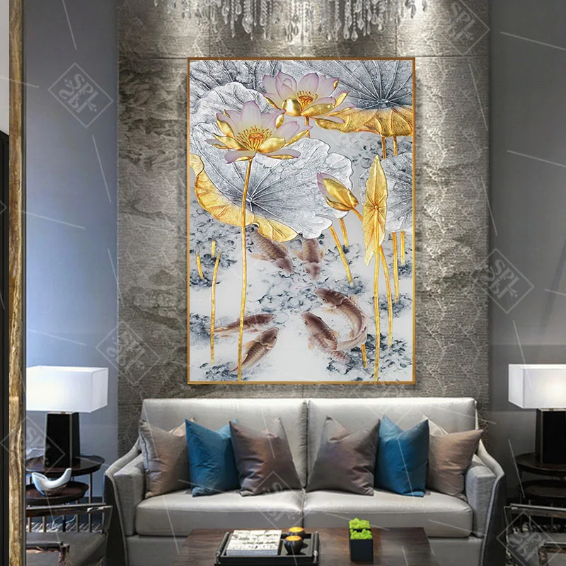 Абстрактный Золотой лотос рыбки Холст Картина Современный постер искусство