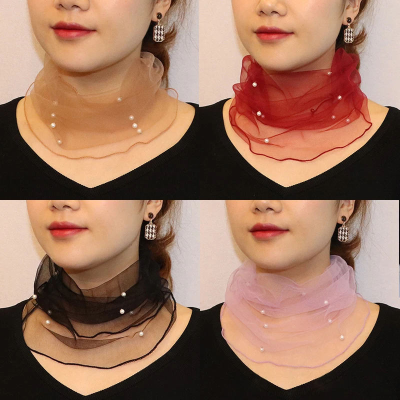

1pc Fashion Gauze Loop Scarf Chic Lightweight Fake Pearl Circle Scarf Summer Scarf For Women Clothing Accessories
