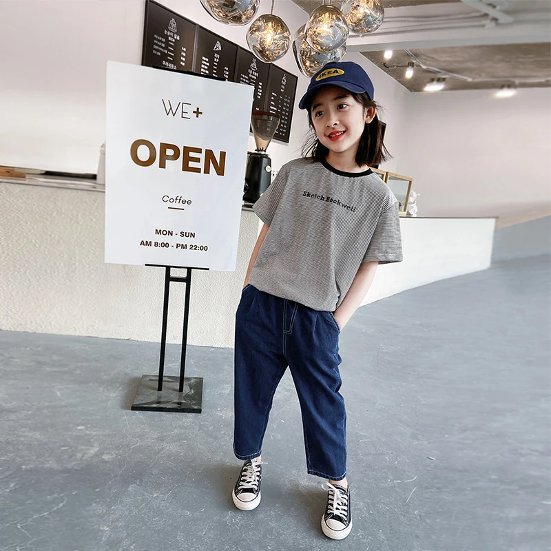 

Children's T-shirt Pinstripe Letter Print O-neck Fashion All-match Short-sleeve Girls T-shirt