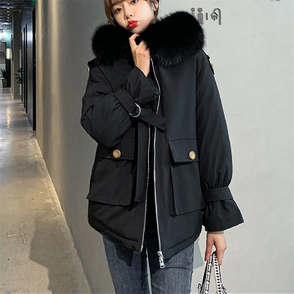 

Зимние толстые пальто с хлопковой подкладкой, женская Свободная верхняя одежда с мехом и капюшоном, женская модная повседневная теплая пар...