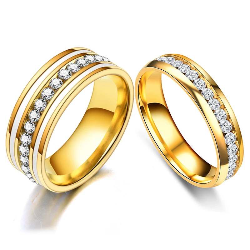 

2021 Gold Color Stainless Steel Zircon Lover Wedding Band Engagement Ring for Women Men Custom Engrave Name Couple Charm Jewelry